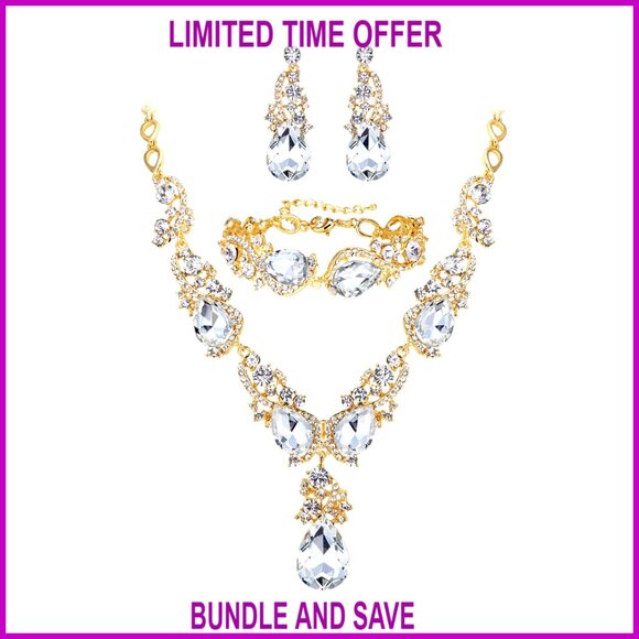 Multi Teardrop Crystal Statement Necklace Earrings Bracelet Set